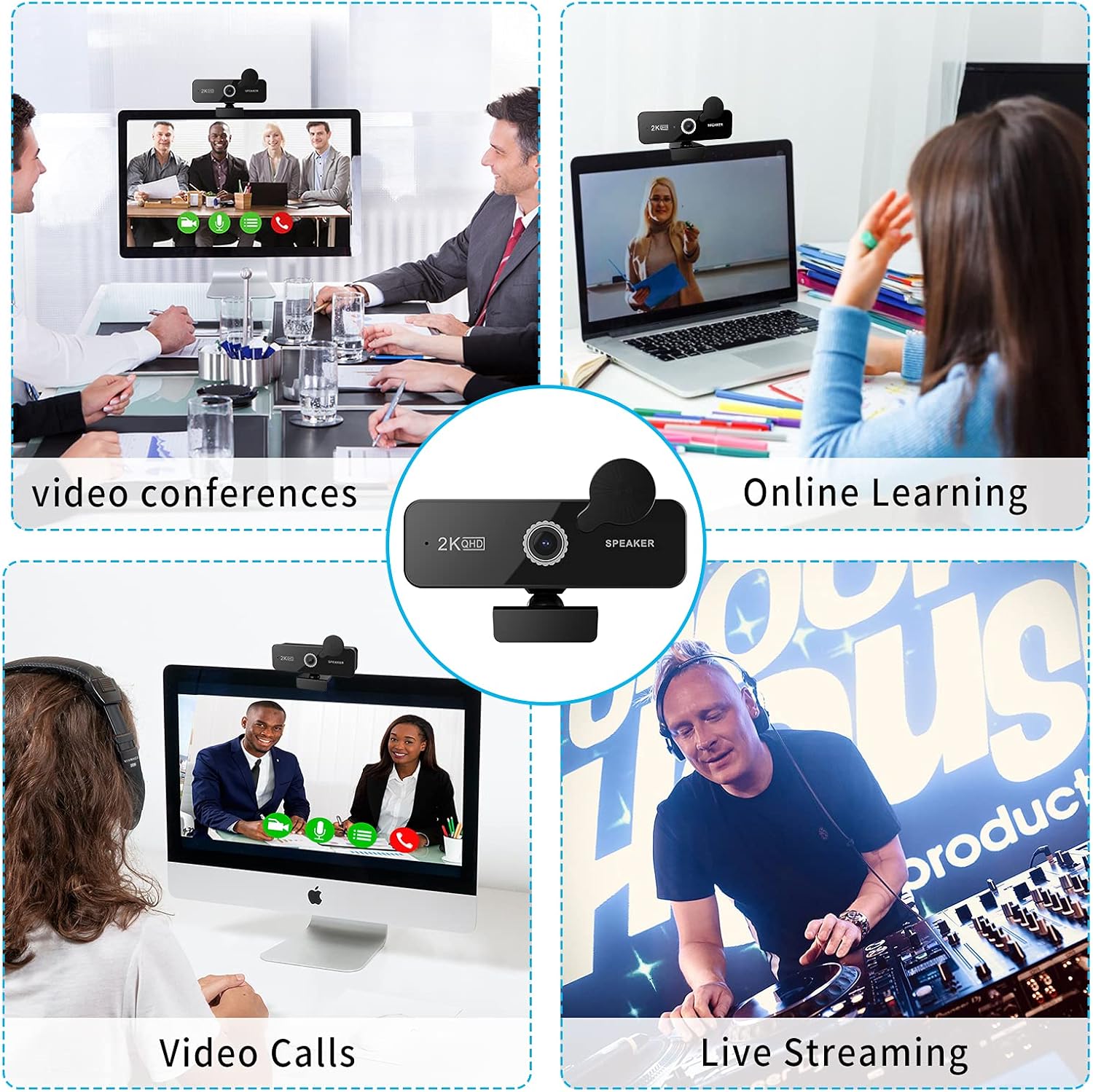 2K QHD USB Webcam with Dual Microphones and Speakers, Pack of 2 F33464