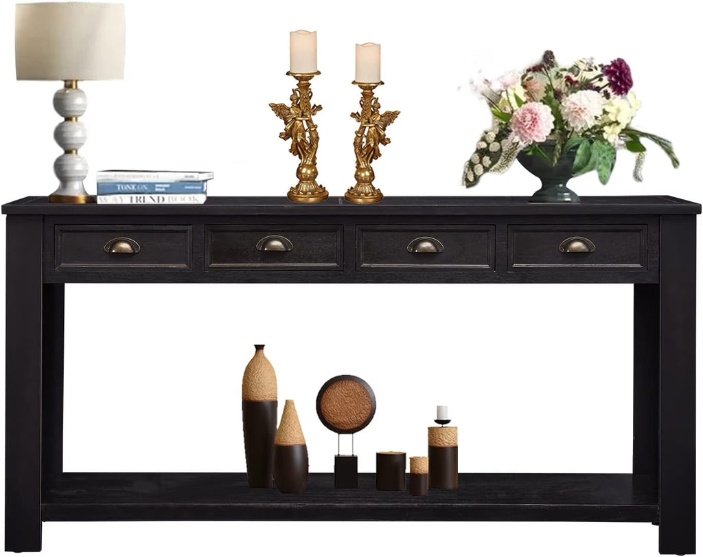 Black 60” Long Console Table with 4 Drawers & Storage Shelf S828302