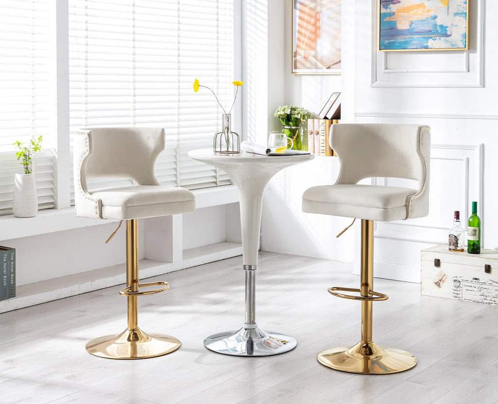 Beige Velvet Adjustable Height Swivel Bar Stool Set of 2 K5936