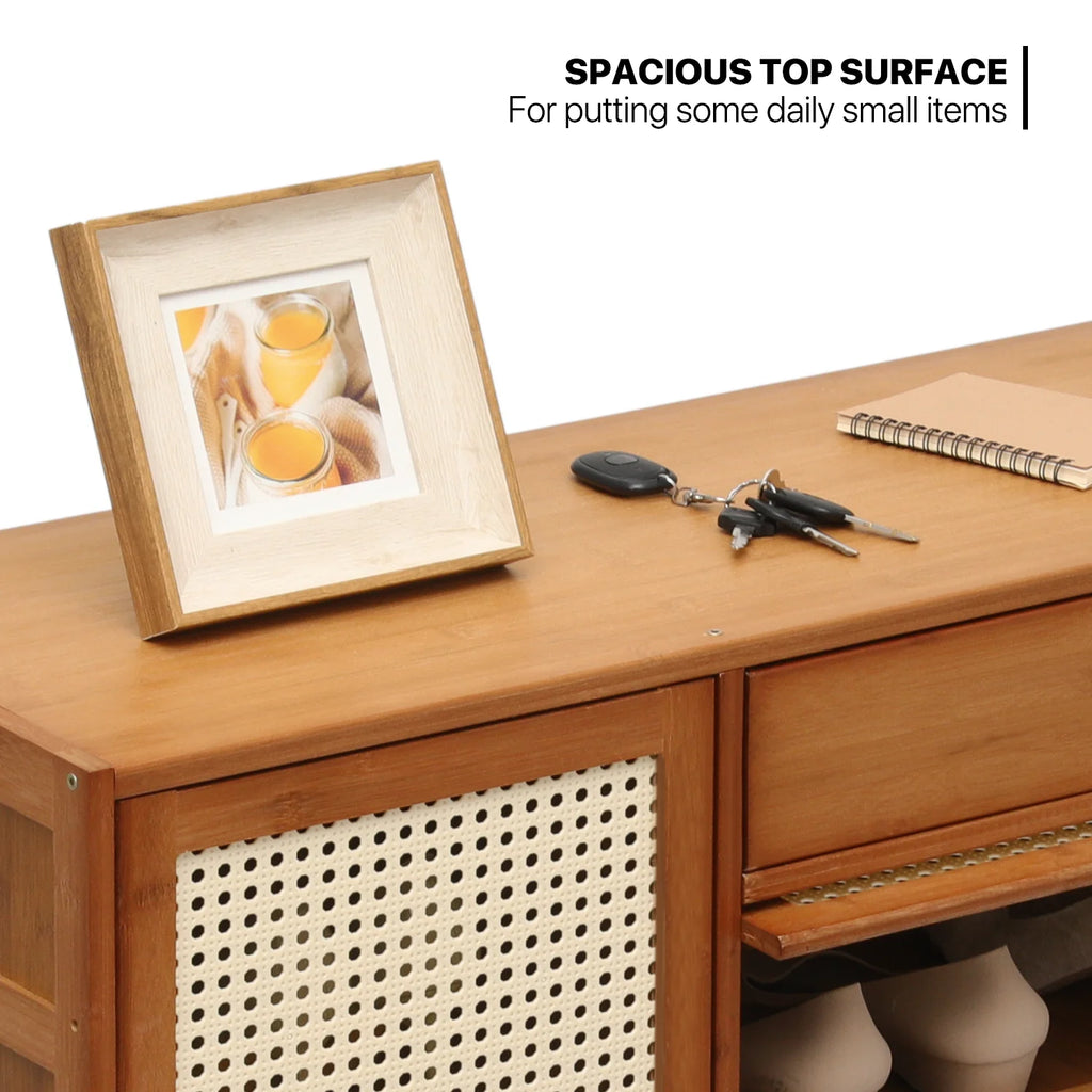 Bamboo 28 Pairs Shoe Cabinet with Rattan Doors and Boots Compartments B431