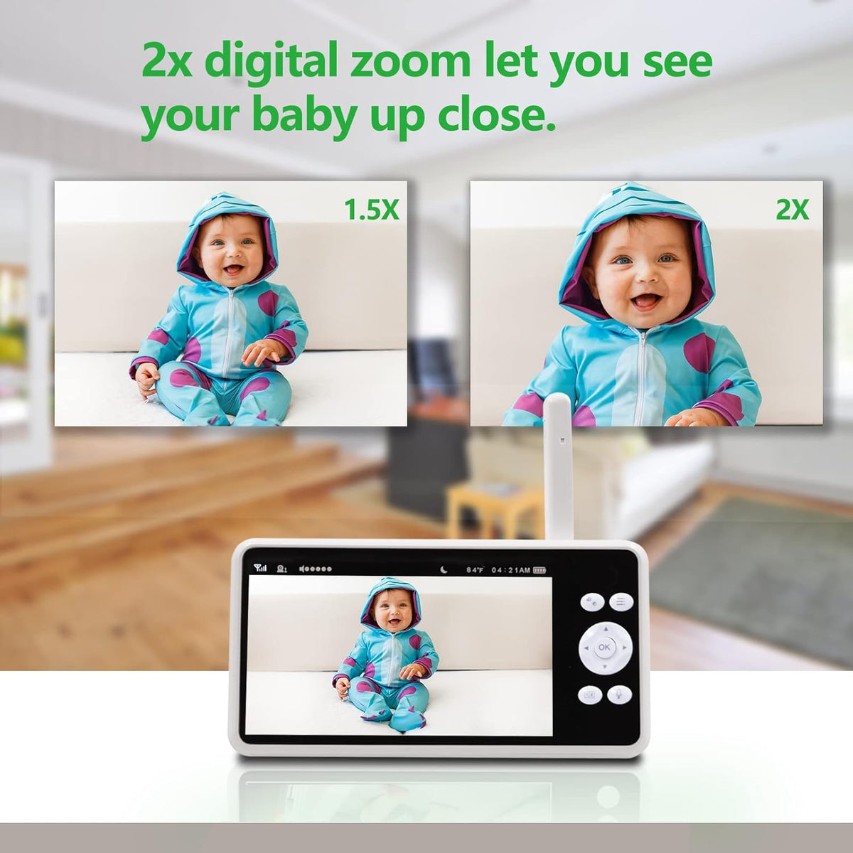 Video Baby Monitor with 1080P Camera and Audio, No WiFi, 1000ft Range Night Vision 5 HD Screen, Pan Tilt Zoom Camera, 2Way Audio, Room Temperature, Motion/Sound Alert X270490