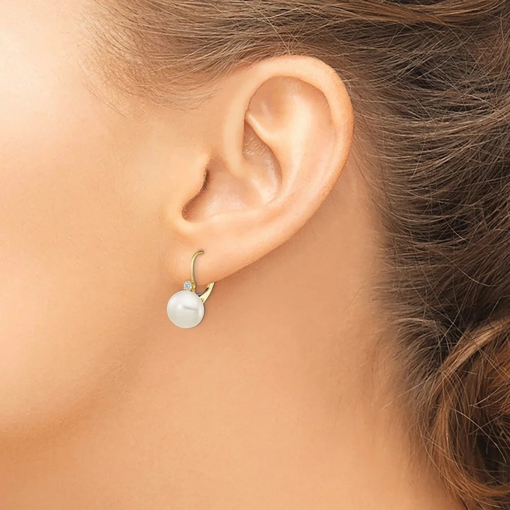 14k Gold White Freshwater Cultured Pearl Diamond Leverback Earrings M978197