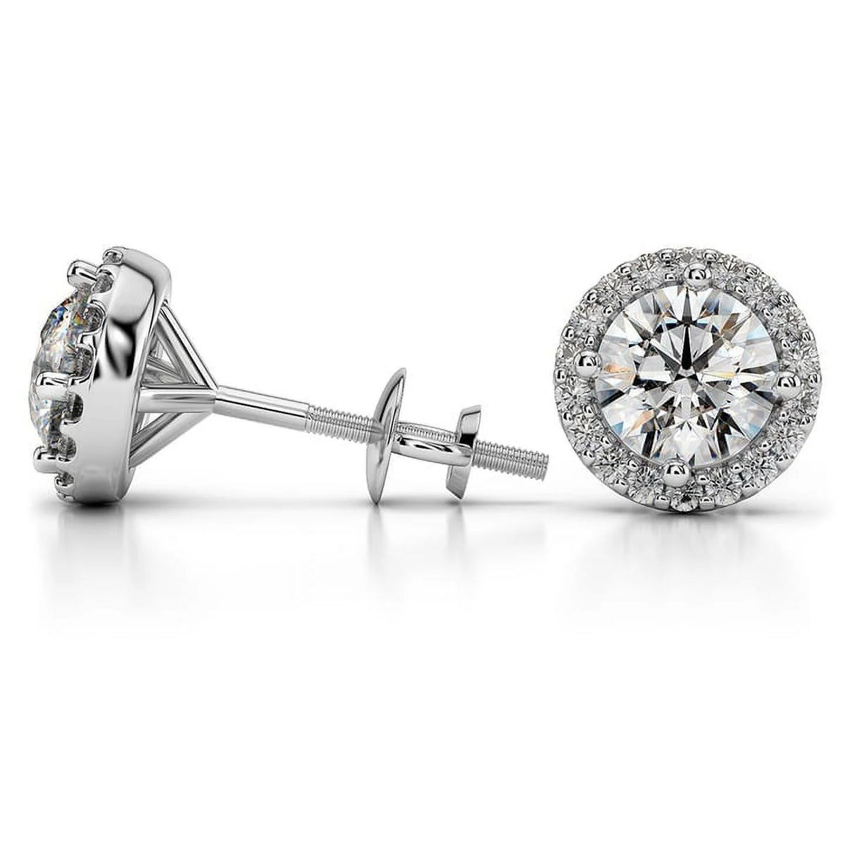 18K White Gold Diamond Halo Stud Earrings Screw-Back M254557