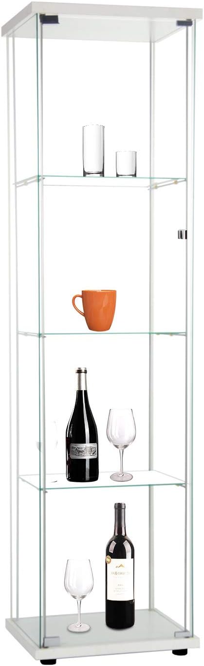 Curio Cabinet with Glass Doors 4 Shelves, Floor Standing Glass Bookshelf, 64 x 17 x 14.5, Nature Q2812
