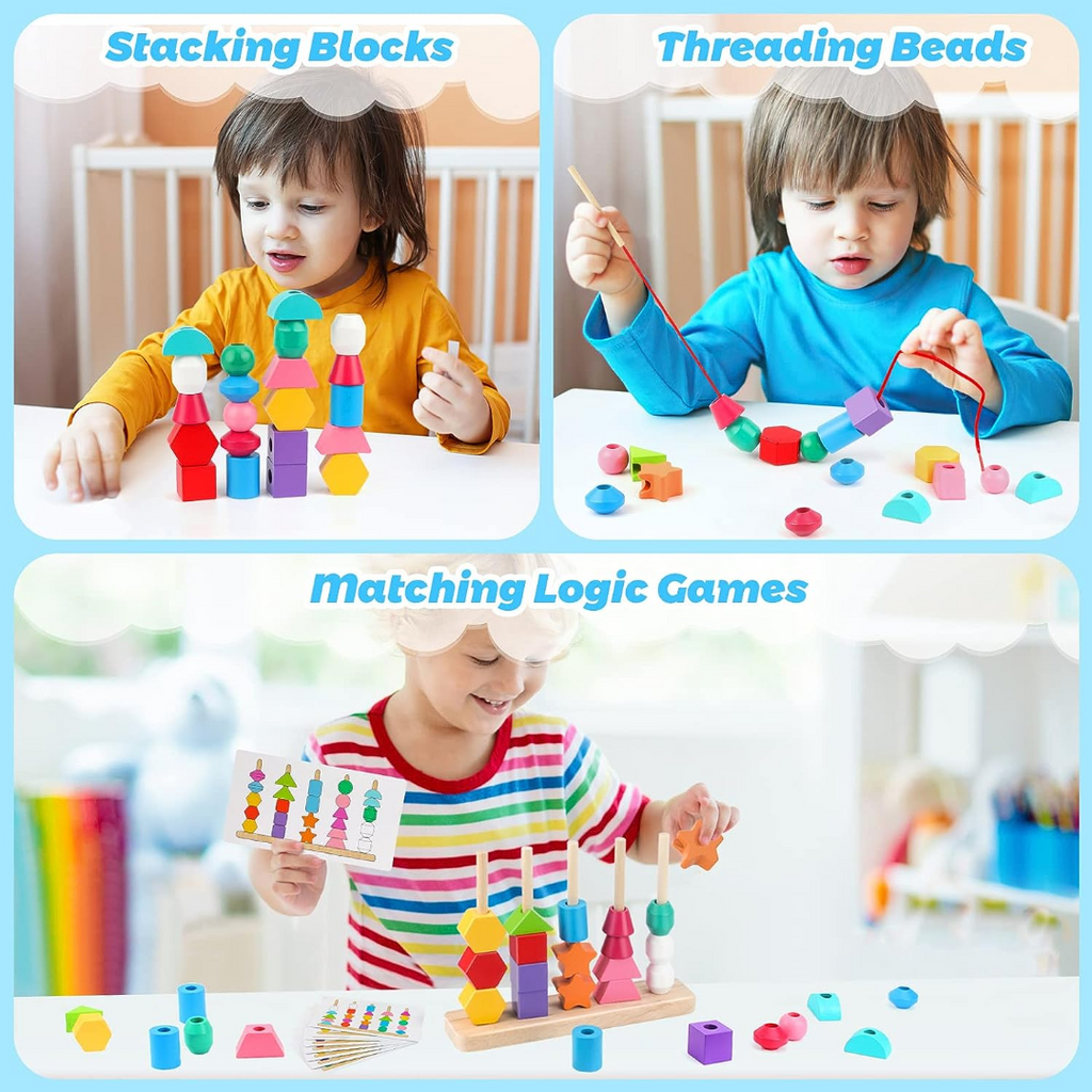 Wooden Bead Sequencing Toy Set Stacking Blocks Lacing Beads Matching Shape Colors Stacker Montessori Toys W17456