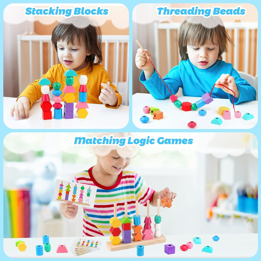 Wooden Bead Sequencing Toy Set Stacking Blocks Lacing Beads Matching Shape Colors Stacker Montessori Toys W17456