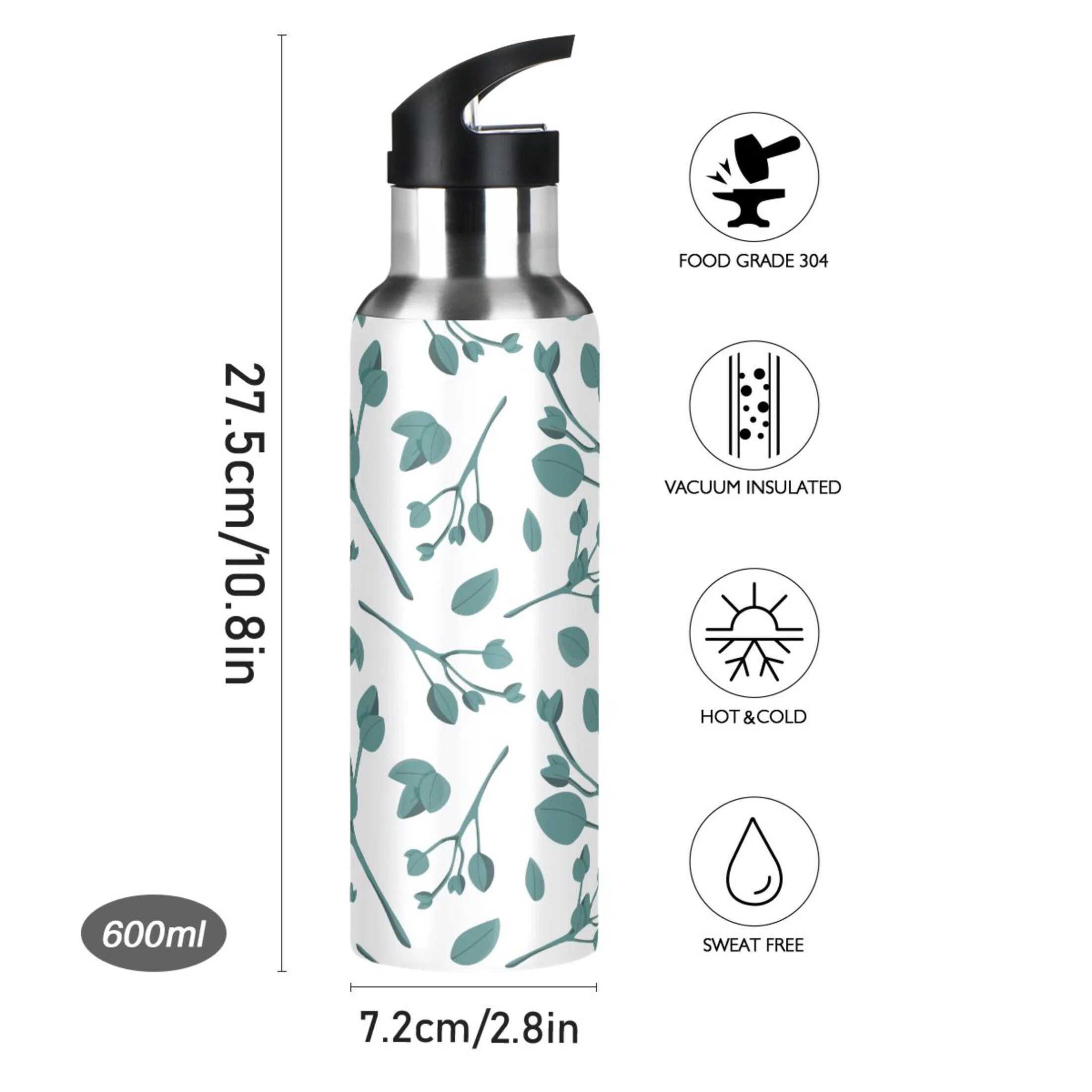 Blue Leaves Stainless Steel Insulated Water Bottle with Straw Lid H273