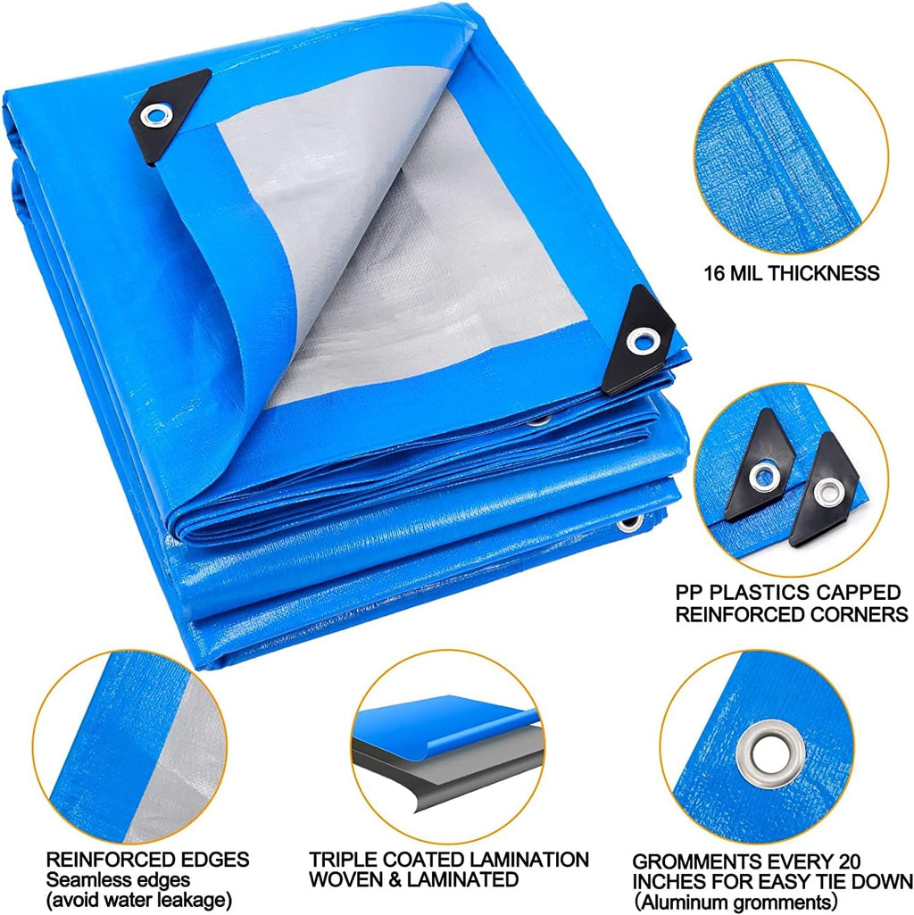 Blue Heavy Duty Waterproof 16 Mil Thick Tarpaulin with Metal Grommets 20x30 J170026