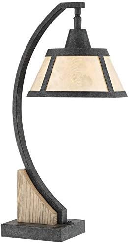 Rustic Farmhouse Desk Table Lamp with USB and AC Power Outlet in Base Gray Wash Mica Shade N166