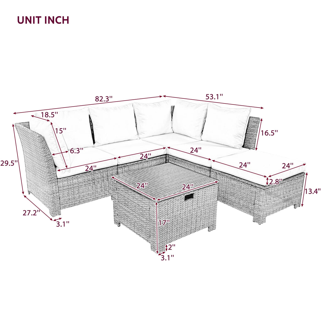 Beige 6-Piece PE Wicker Rattan Outdoor Sofa Set with Storage Table Y62626