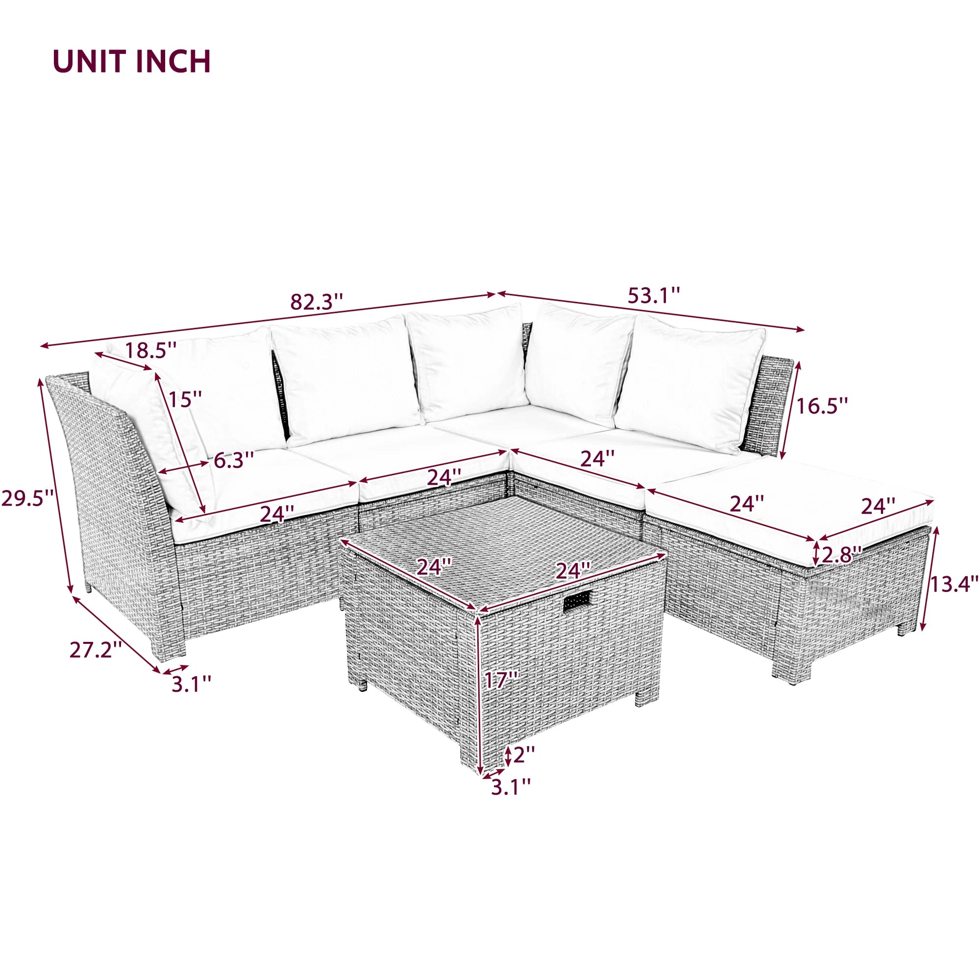 Beige 6-Piece PE Wicker Rattan Outdoor Sofa Set with Storage Table Y62626