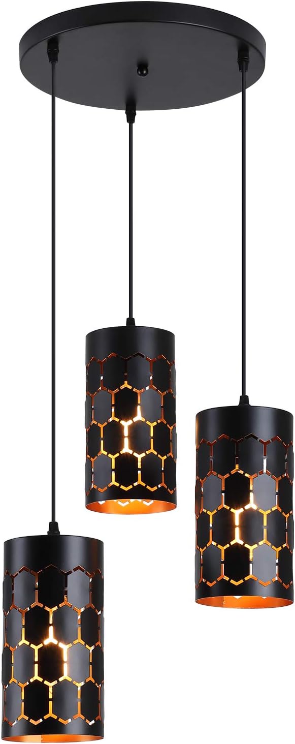 3-Light Kitchen Island Pendant Light Fixture, Gold Inner and Black U73419