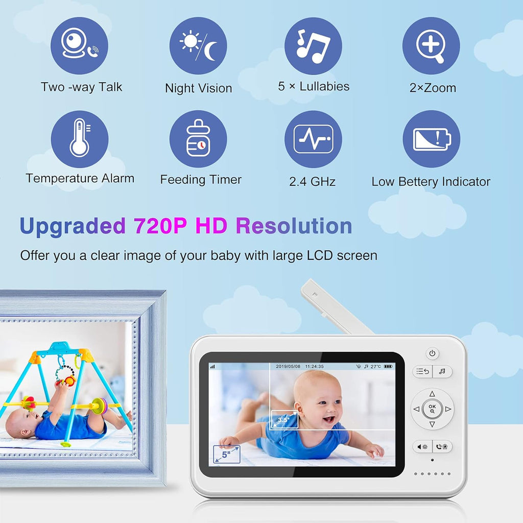 5 720P Baby Monitor with Camera and Audio Night Vision K1960