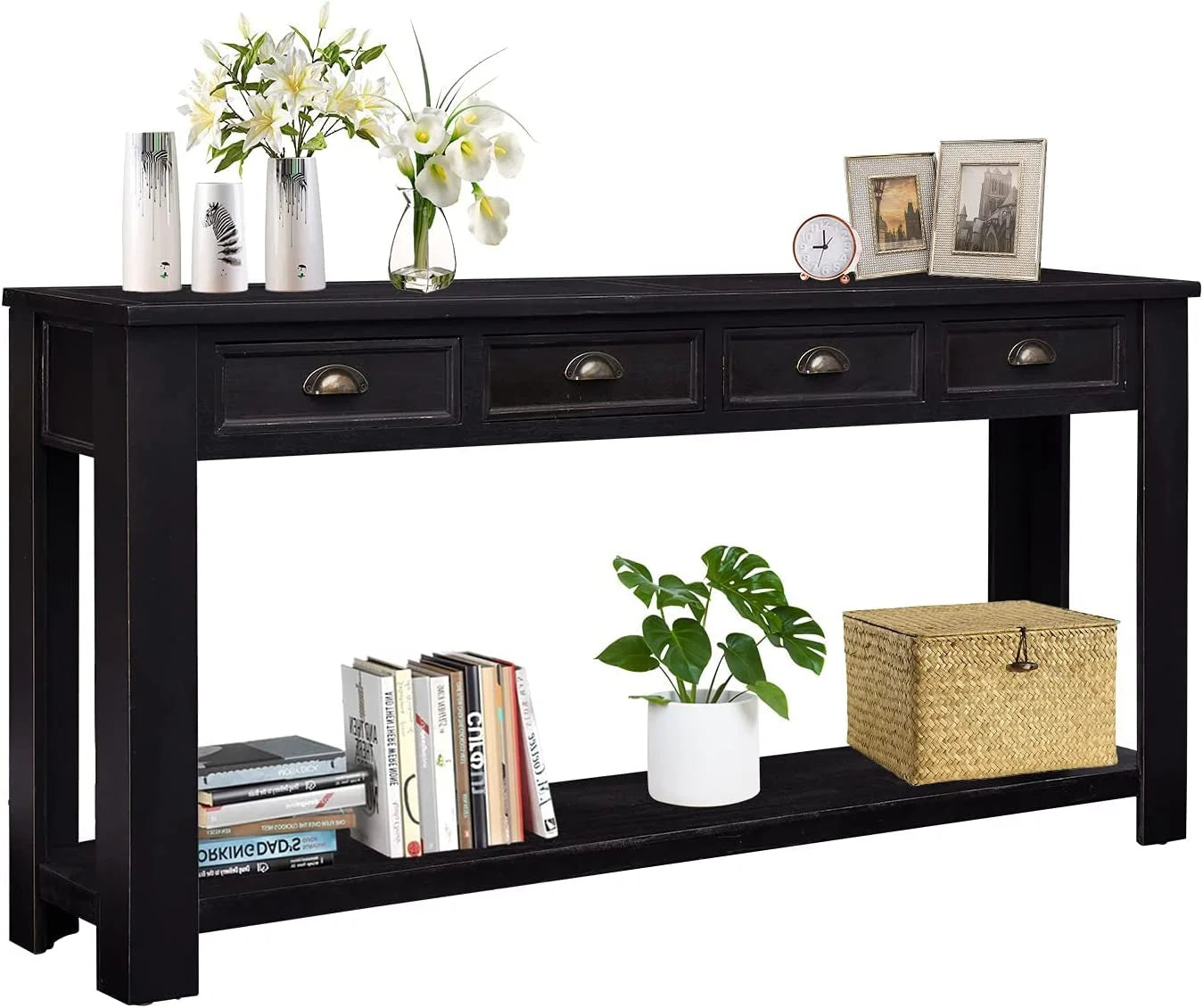 Black 60” Long Console Table with 4 Drawers & Storage Shelf S828302