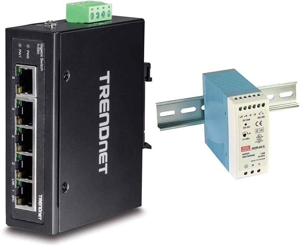 5-Port Hardened Industrial Gigabit DIN-Rail Switch, 10 Gbps Switching Capacity, IP30 Rated Network Switch, Black, 60 W Single Output Industrial DIN-Rail Power Supply P630659