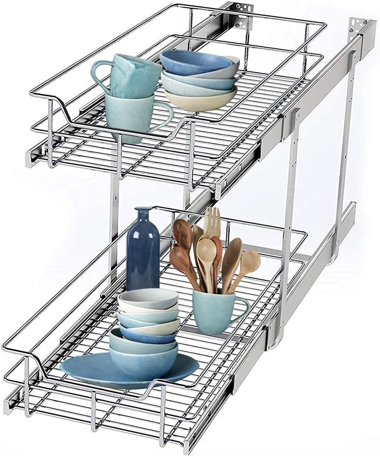2 Tier Wire Basket Pull Out Organizer Shelf Sliding Drawer Storage for Kitchen Base J803