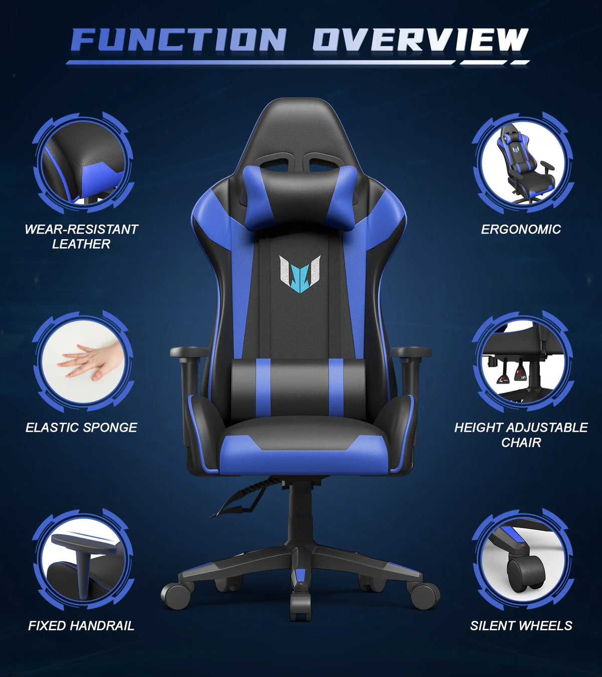 Blue Ergonomic Gaming Chair with Lumbar Support & Headrest C16526