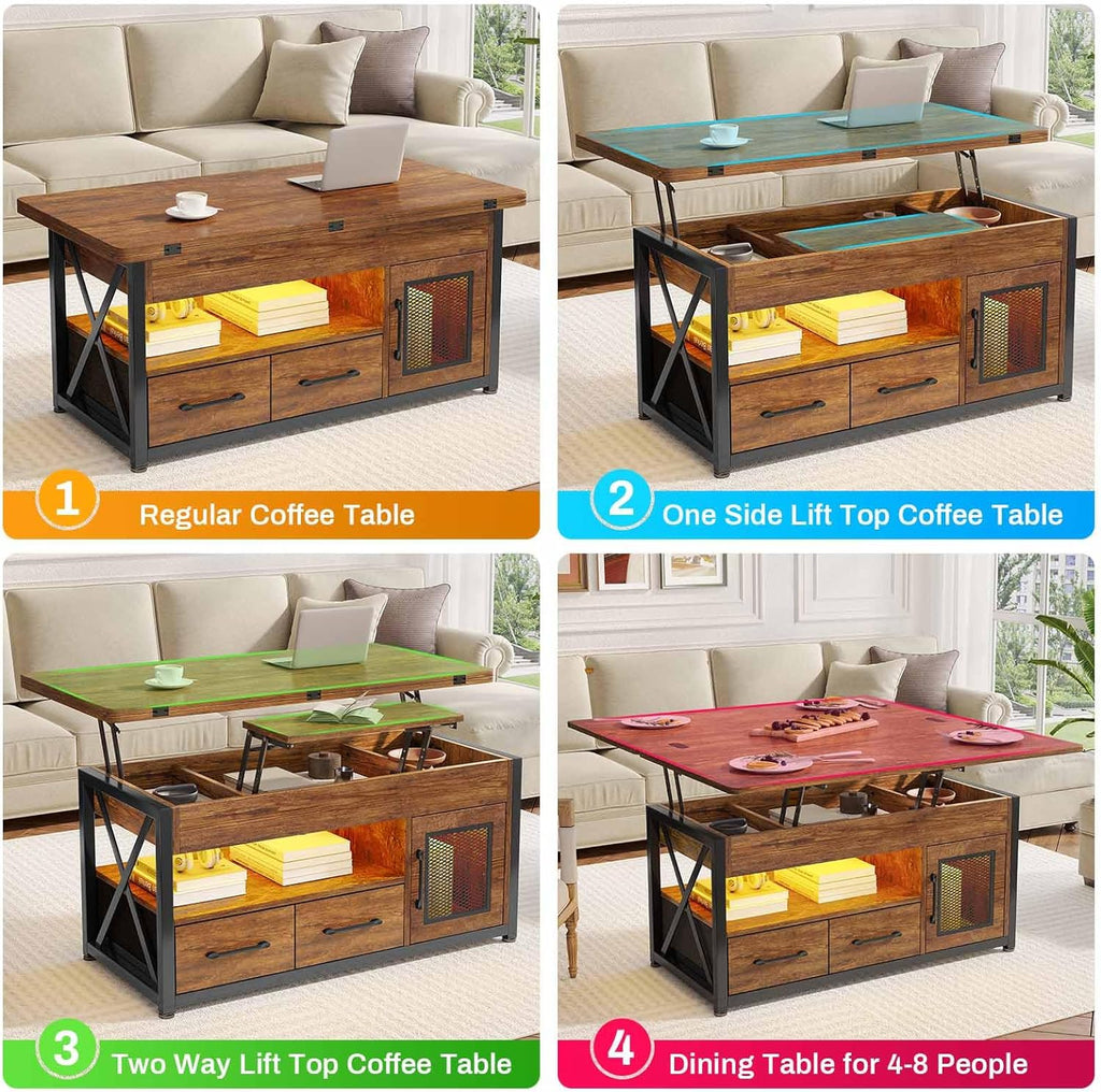 Rustic Brown 40" Lift Top Coffee Table with Storage Cabinet and 2 Fabric Drawers Y544
