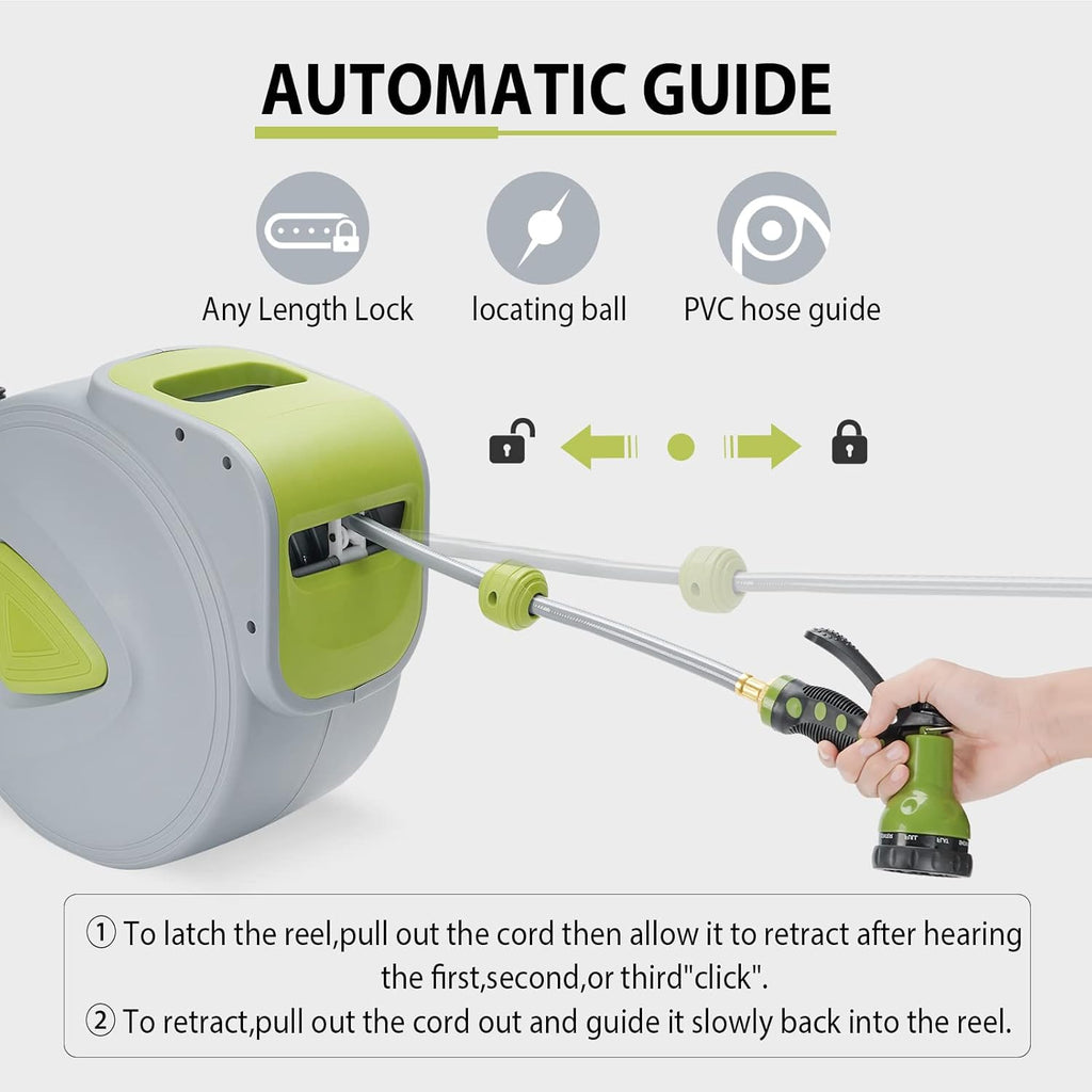 Retractable Wall Mount Garden Hose Reel with 9 Patterns Hose Nozzle Y31393
