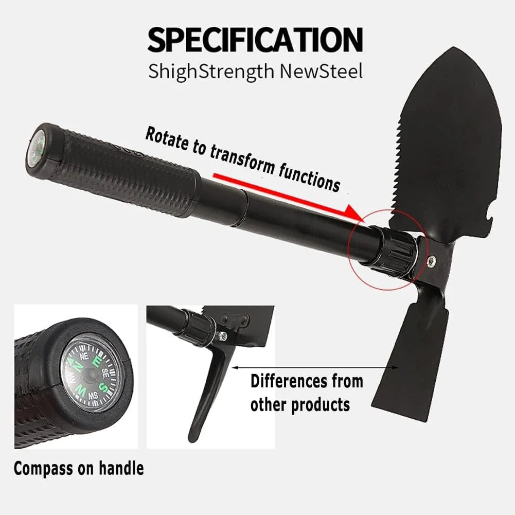 Black Folding Camping Shovel with Carrying Pouch D848789