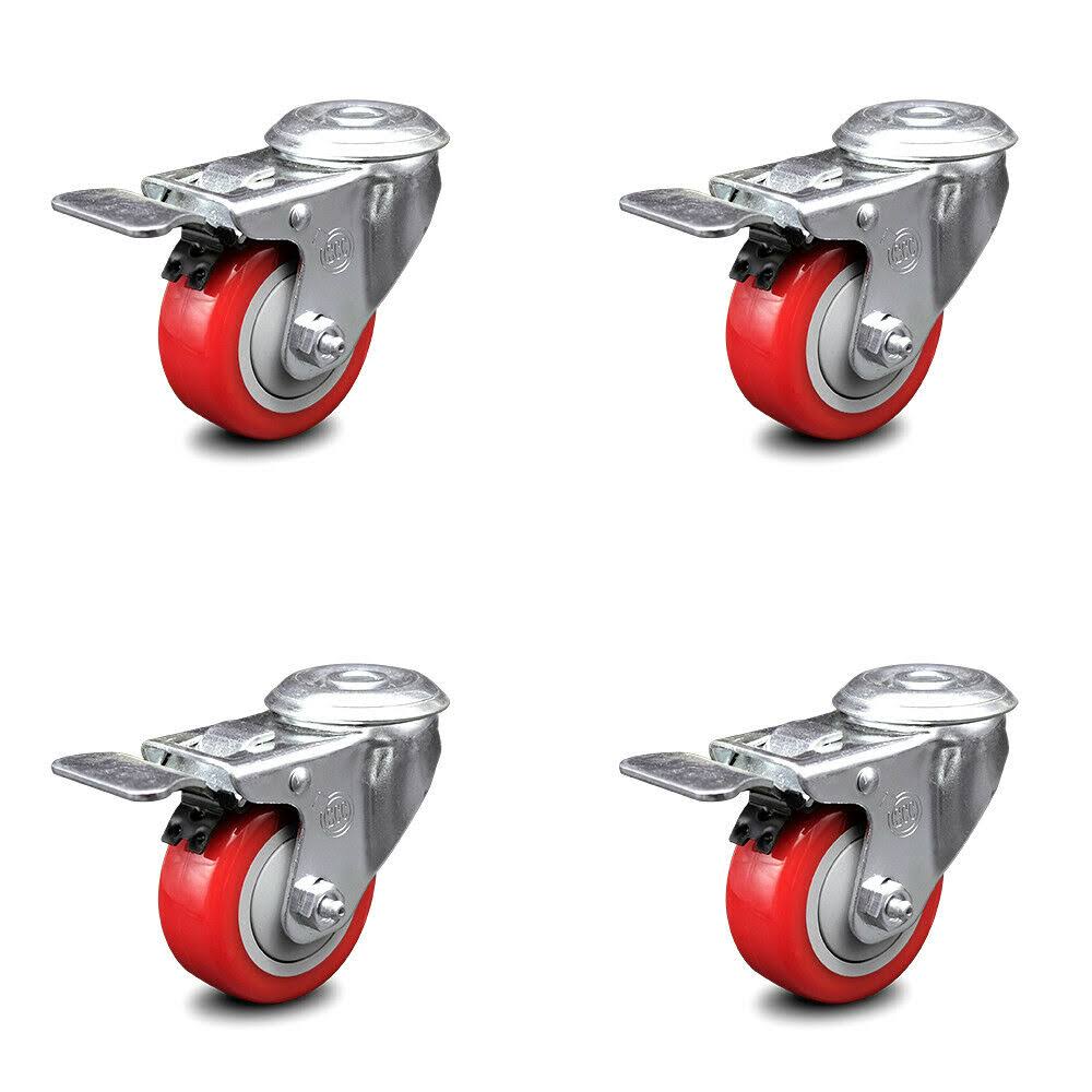 3.5 inch Red Polyurethane Swivel Bolt Hole Caster Set with Total Lock Brake Q5844
