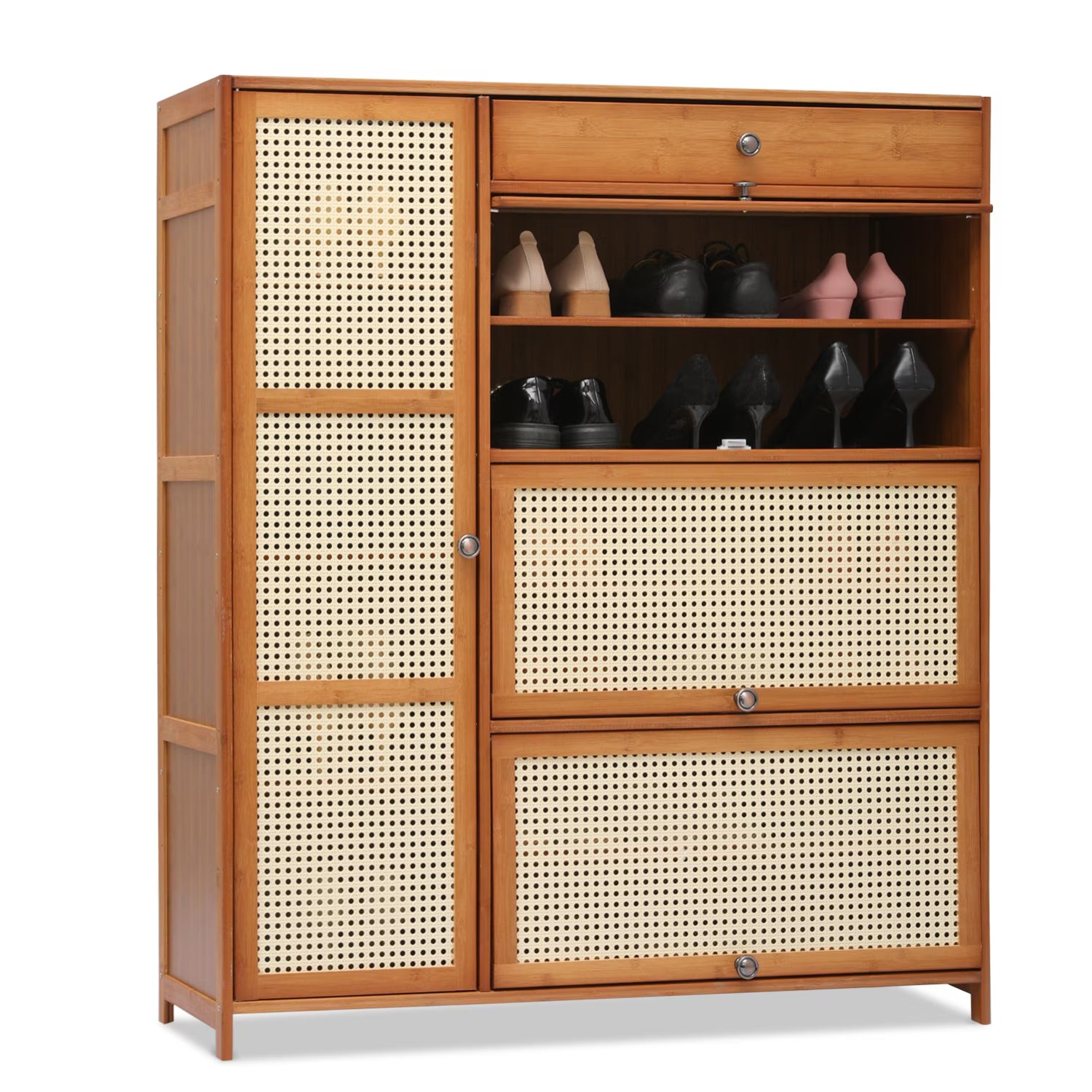 Bamboo 28 Pairs Shoe Cabinet with Rattan Doors and Boots Compartments B431