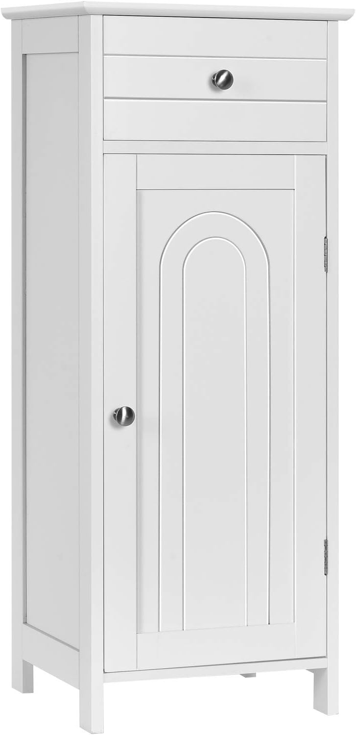 White Wooden Floor Cabinet with Single Door, Large Drawer, and 2 Adjustable Shelves B289526
