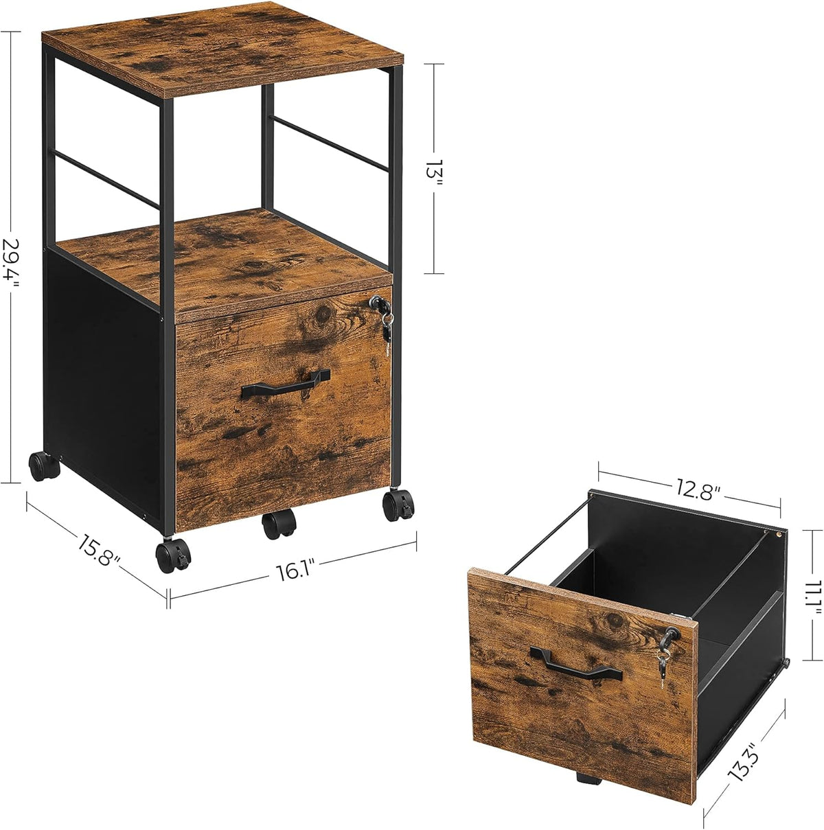 Rustic Brown and Black Rolling File Cabinet with Drawer and Lock Z331024
