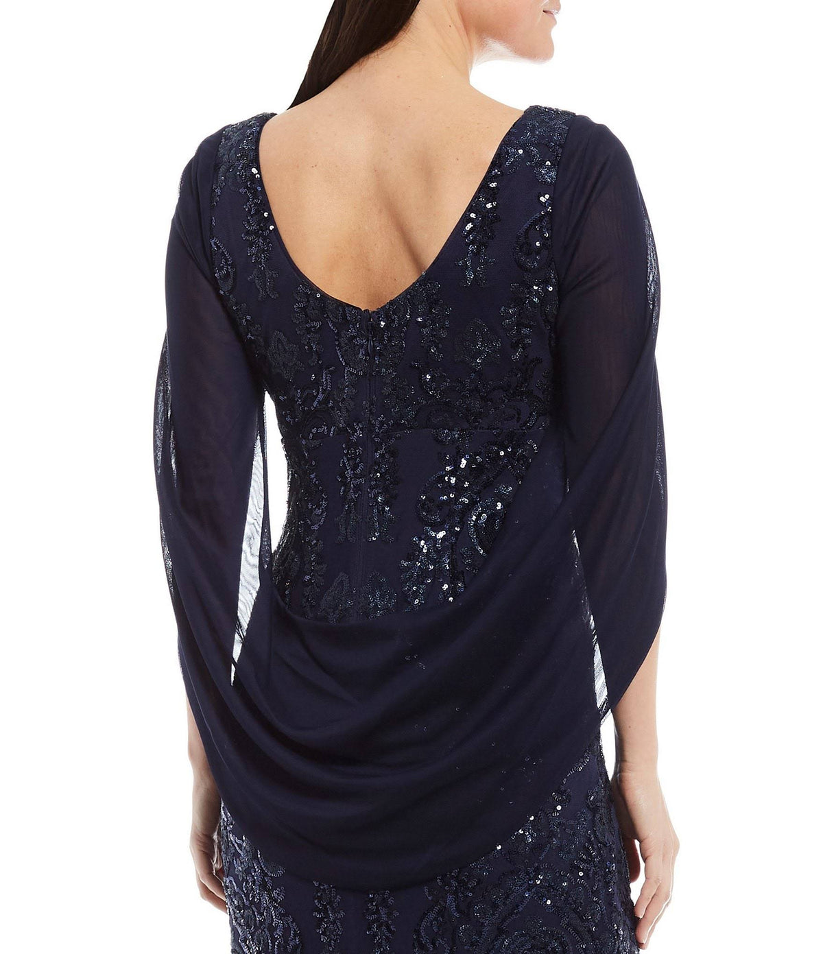 Navy Sequin Drape-Back Cape Gown A6218