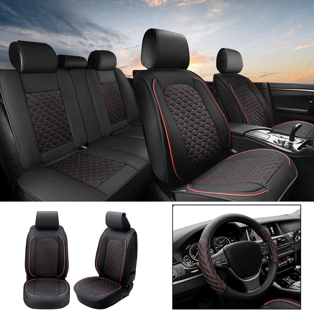 Black Leather Full Set Car Seat Covers with Steering Wheel Cover W740