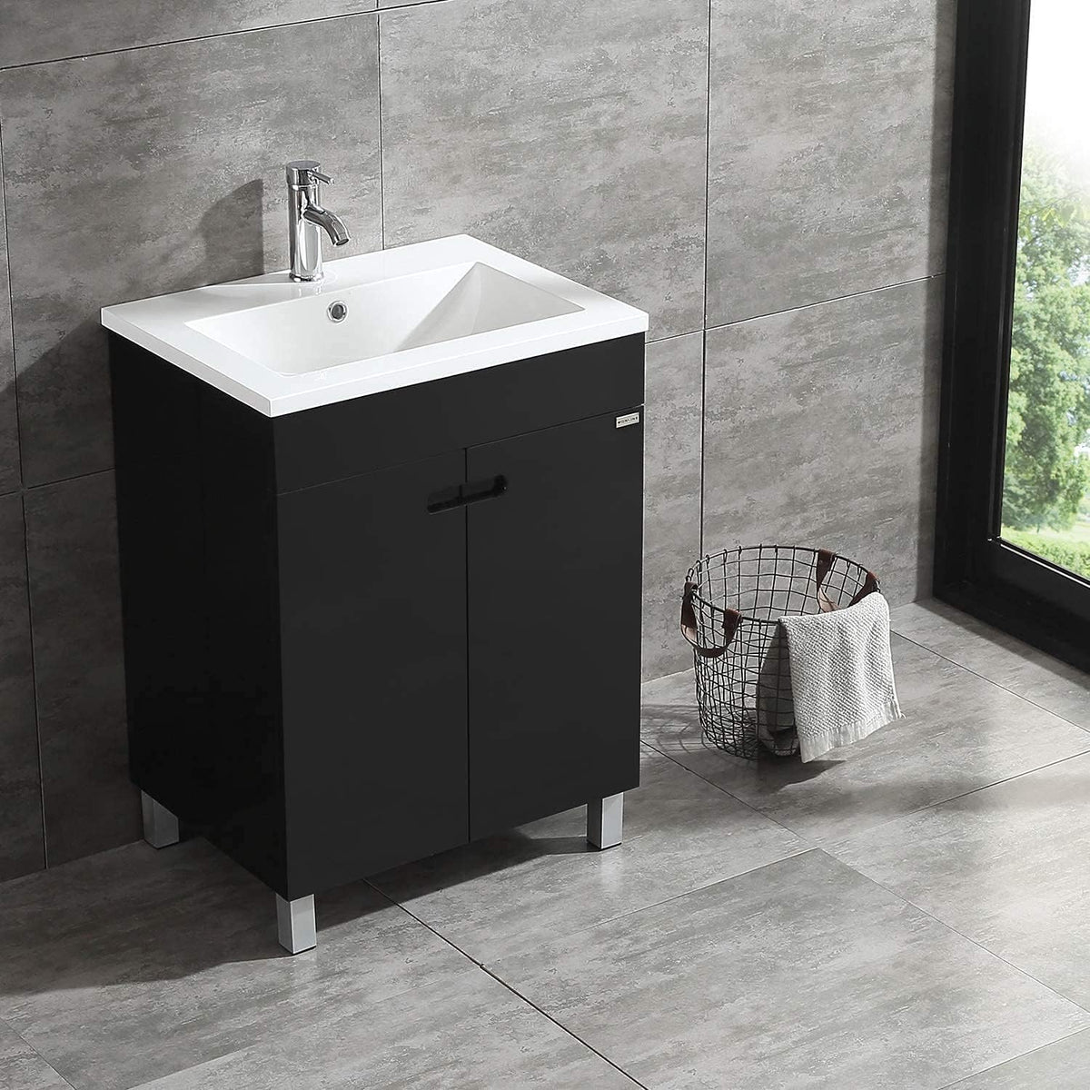 Black Free Standing Bathroom Vanity Cabinet with 2 Doors Undermount Resin Sink and Chrome Faucet Y19613
