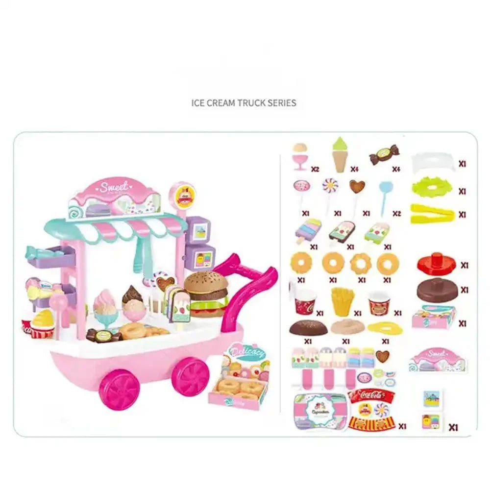 Dessert Candy Trolley Kitchen Toy Set with Umbrella Food Dishes Q30844