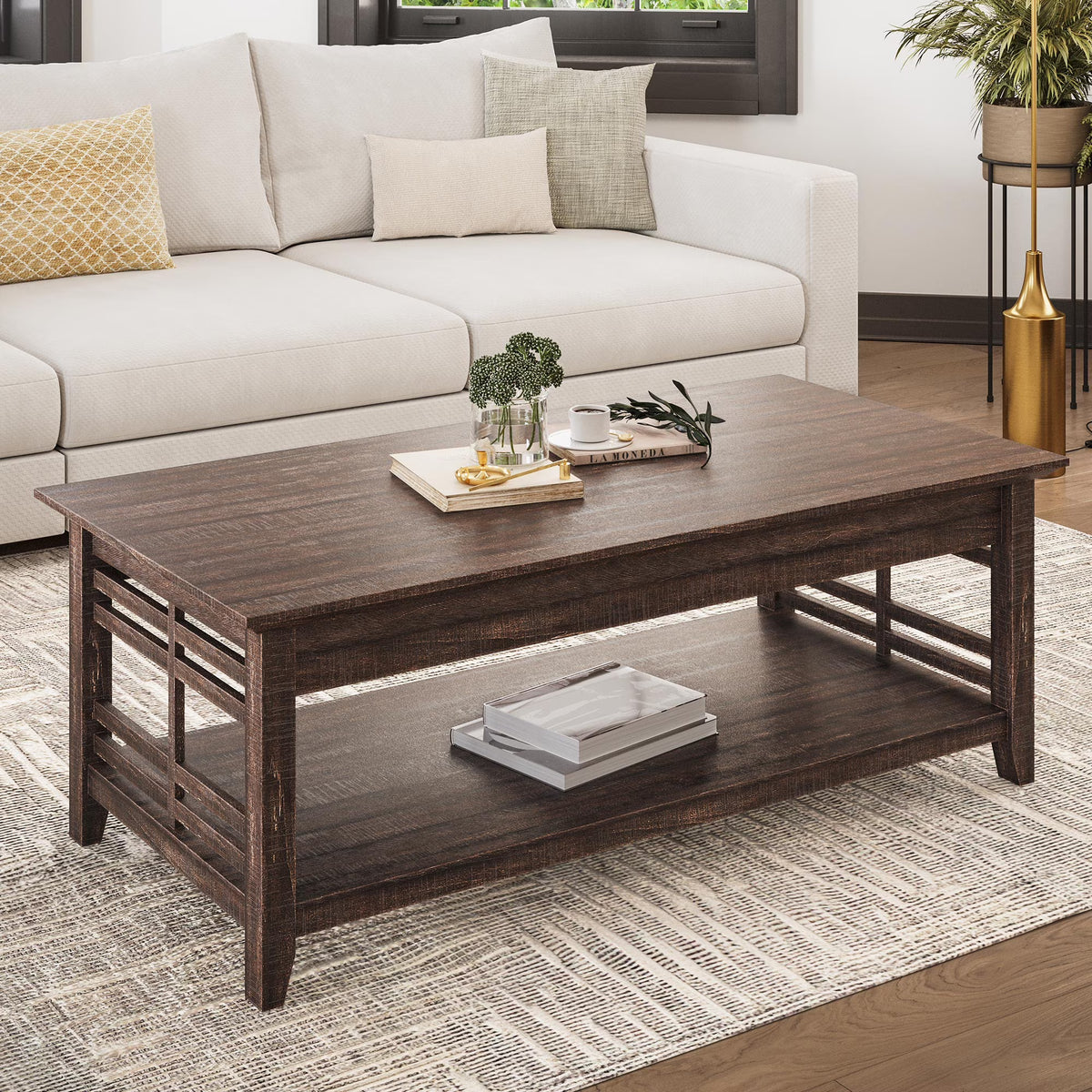 Espresso Wood Coffee Table with Storage Shelf T7035
