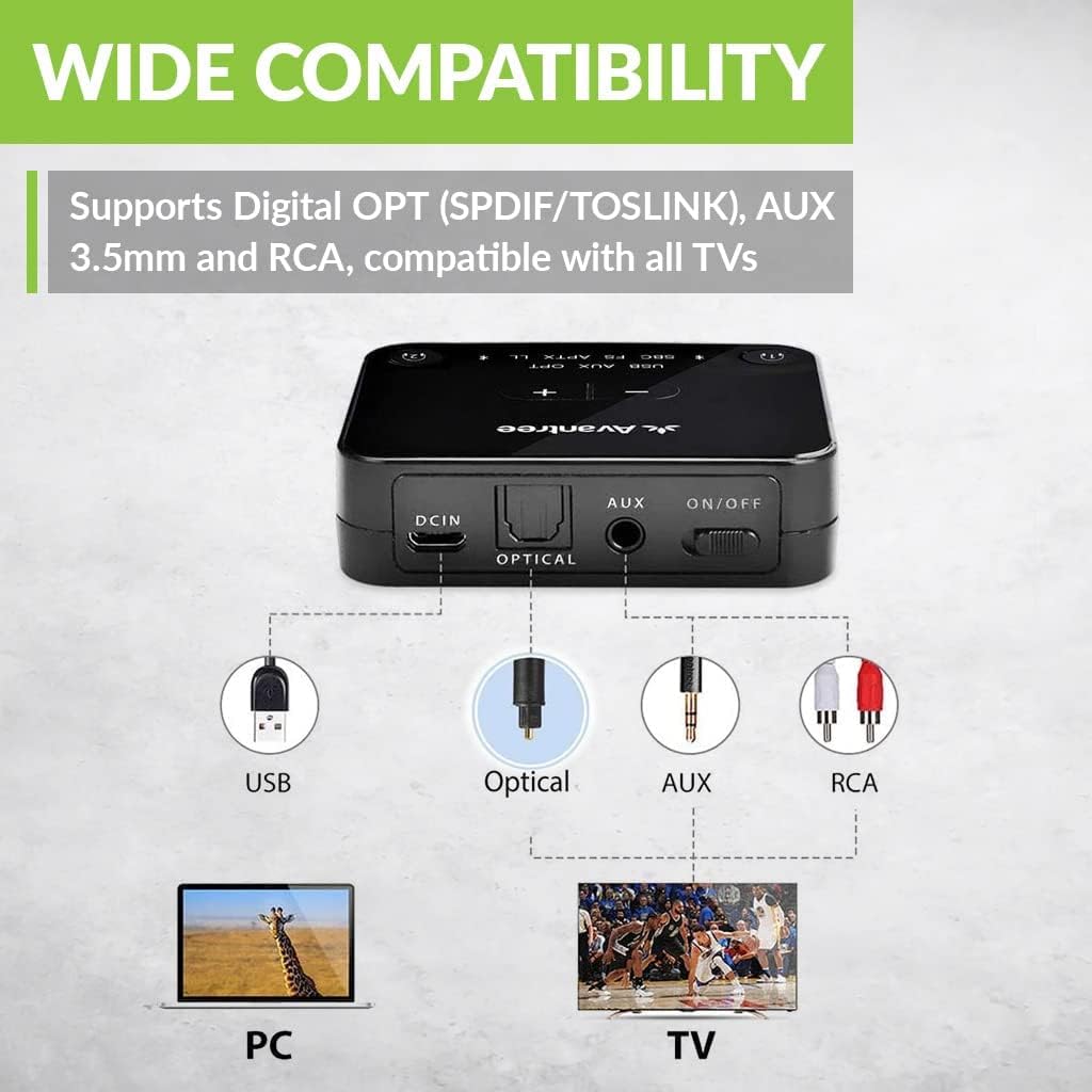Bluetooth 5.0 Transmitter for TV with Volume Control, aptX Low Latency Audio Adapter for 2 Headphones, Class 1 Long Range 100ft, Pack of 2 H74920