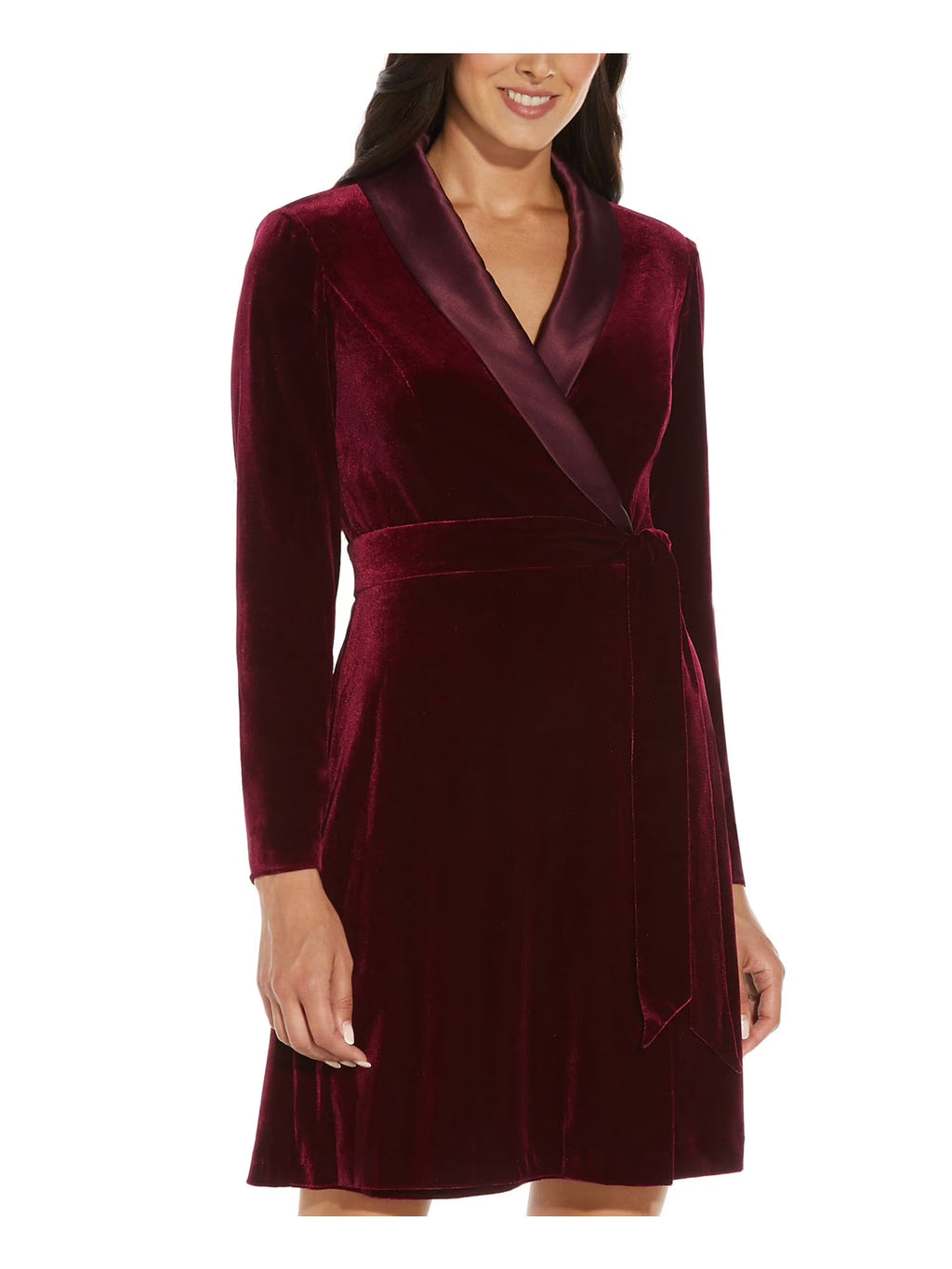 Burgundy Tie Velvet Tuxedo Satin Collar Long Sleeve V Neck Knee Length Evening Faux Wrap Dress E7364