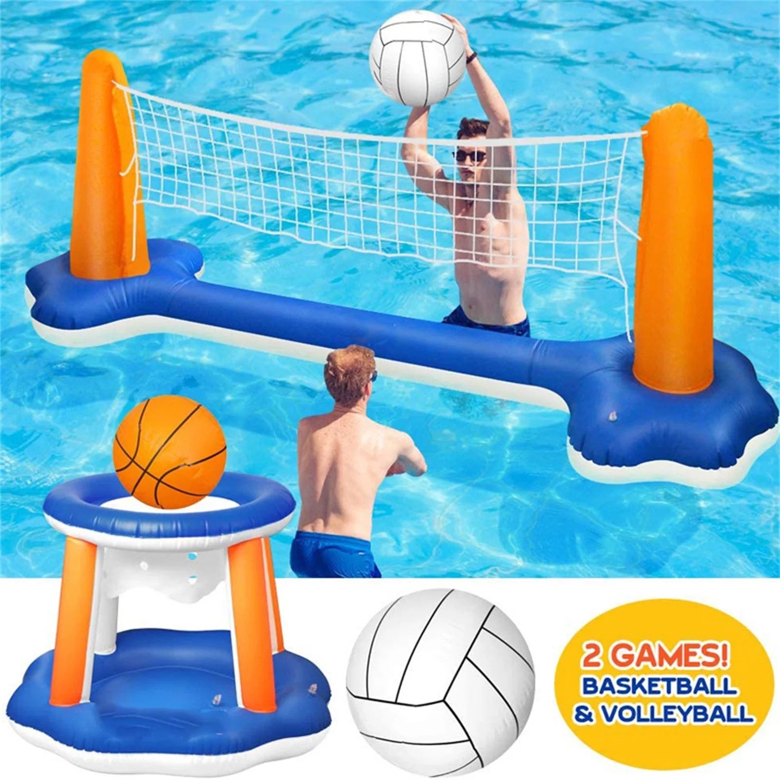 Inflatable Pool Float Set with Volleyball Net and Basketball Hoops C74989