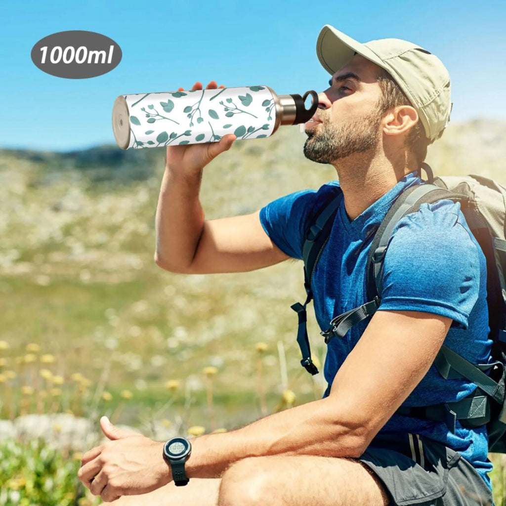 Blue Leaves Stainless Steel Insulated Water Bottle with Straw Lid H273