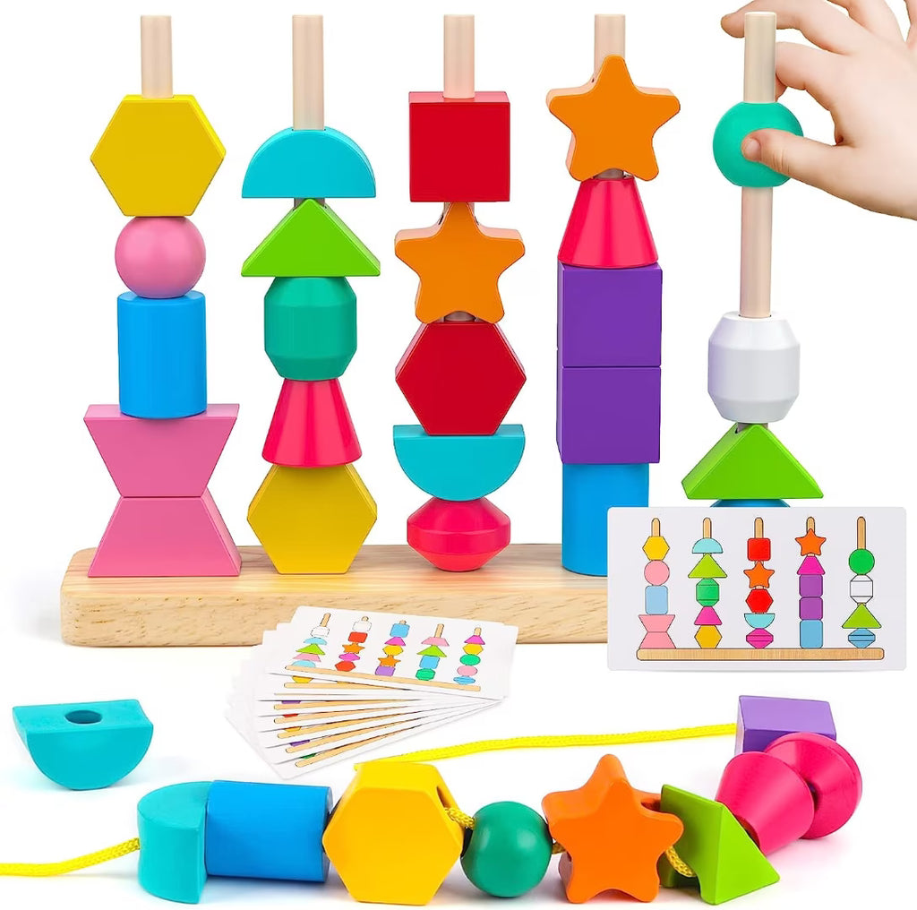 Wooden Bead Sequencing Toy Set Stacking Blocks Lacing Beads Matching Shape Colors Stacker Montessori Toys W17456