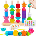 Wooden Bead Sequencing Toy Set Stacking Blocks Lacing Beads Matching Shape Colors Stacker Montessori Toys W17456