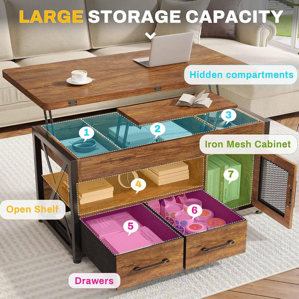 Rustic Brown 40" Lift Top Coffee Table with Storage Cabinet and 2 Fabric Drawers Y544