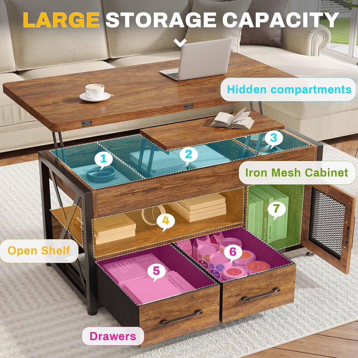 Rustic Brown 40" Lift Top Coffee Table with Storage Cabinet and 2 Fabric Drawers Y544