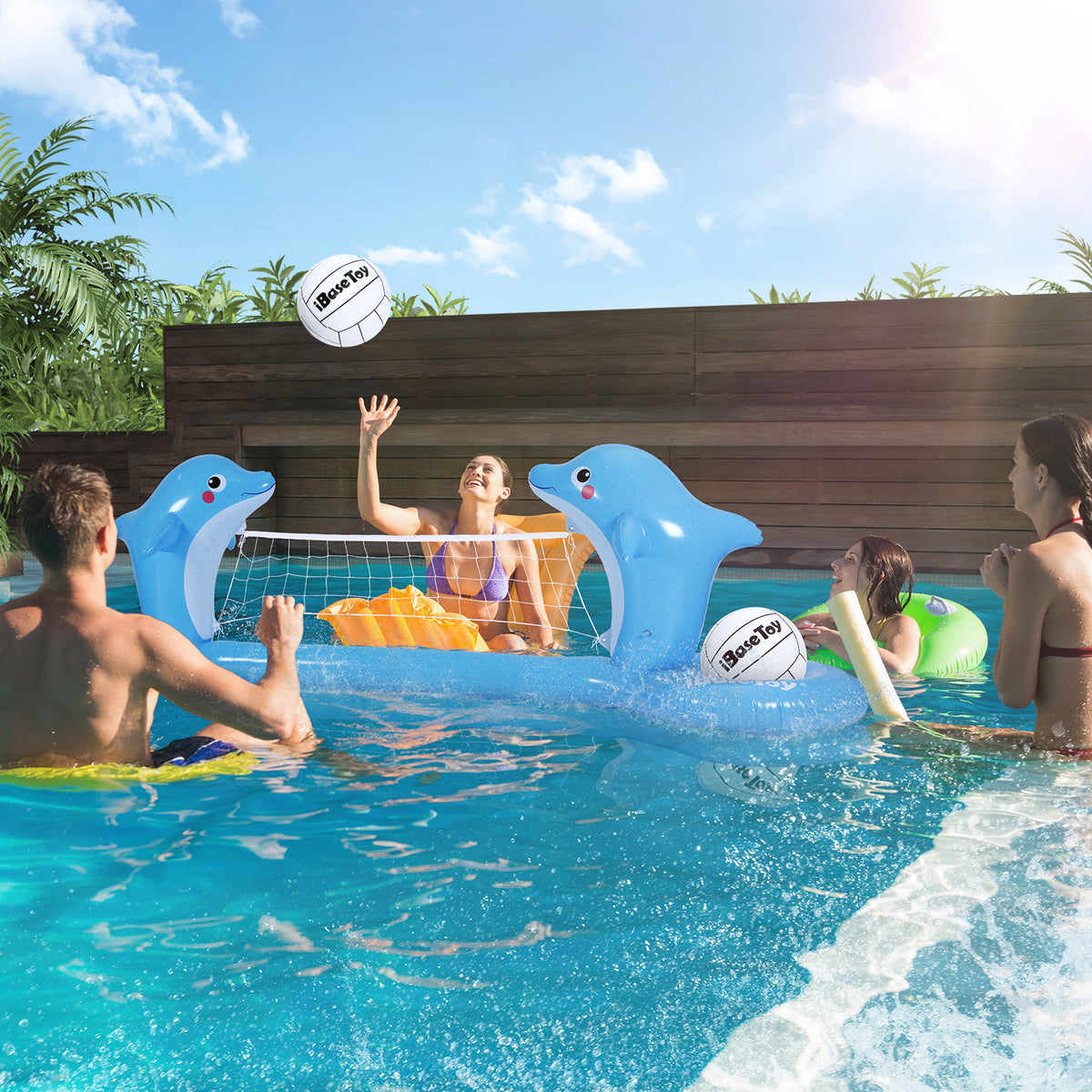 PVC Inflatable Volleyball Game Set Floating Volleyball Net Swimming Pool Float Toy 300x65x90cm Y8410