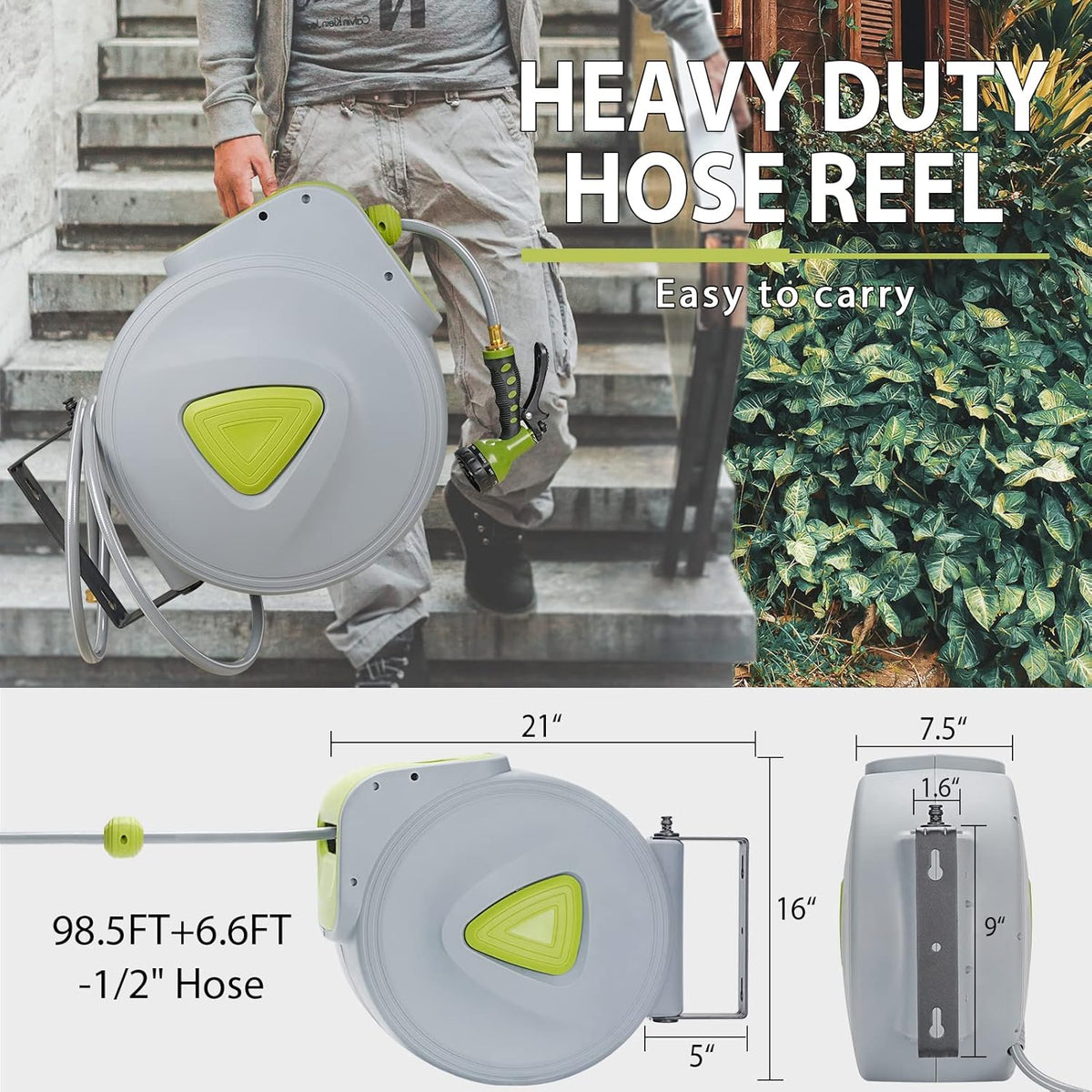 Retractable Wall Mount Garden Hose Reel with 9 Patterns Hose Nozzle Y31393