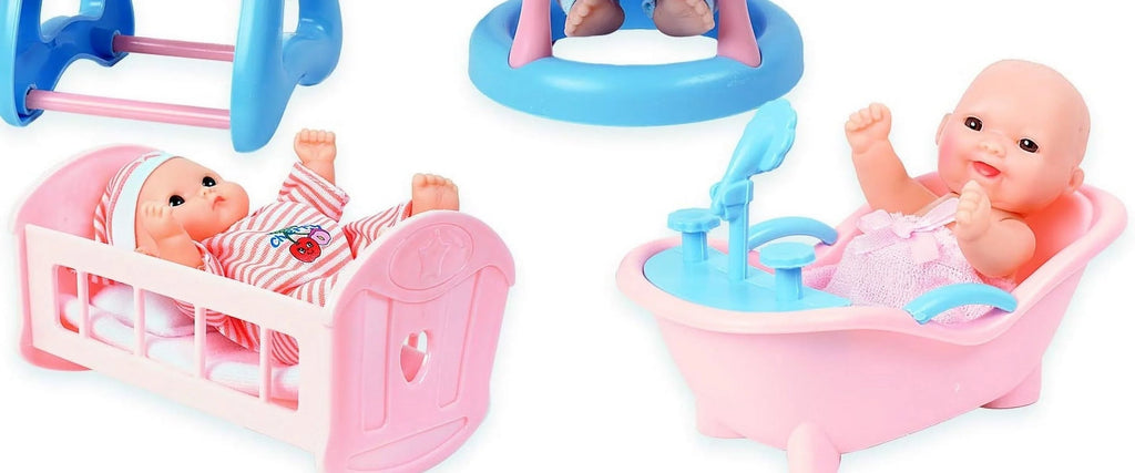 Set of 6 Scary Baby Mini Dolls with Cradle, High Chair, Walker, Bathtub, Swing, and Baby Seat O71175