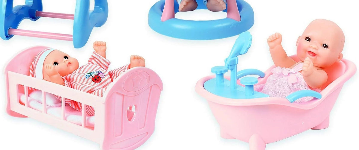 Set of 6 Scary Baby Mini Dolls with Cradle, High Chair, Walker, Bathtub, Swing, and Baby Seat O71175