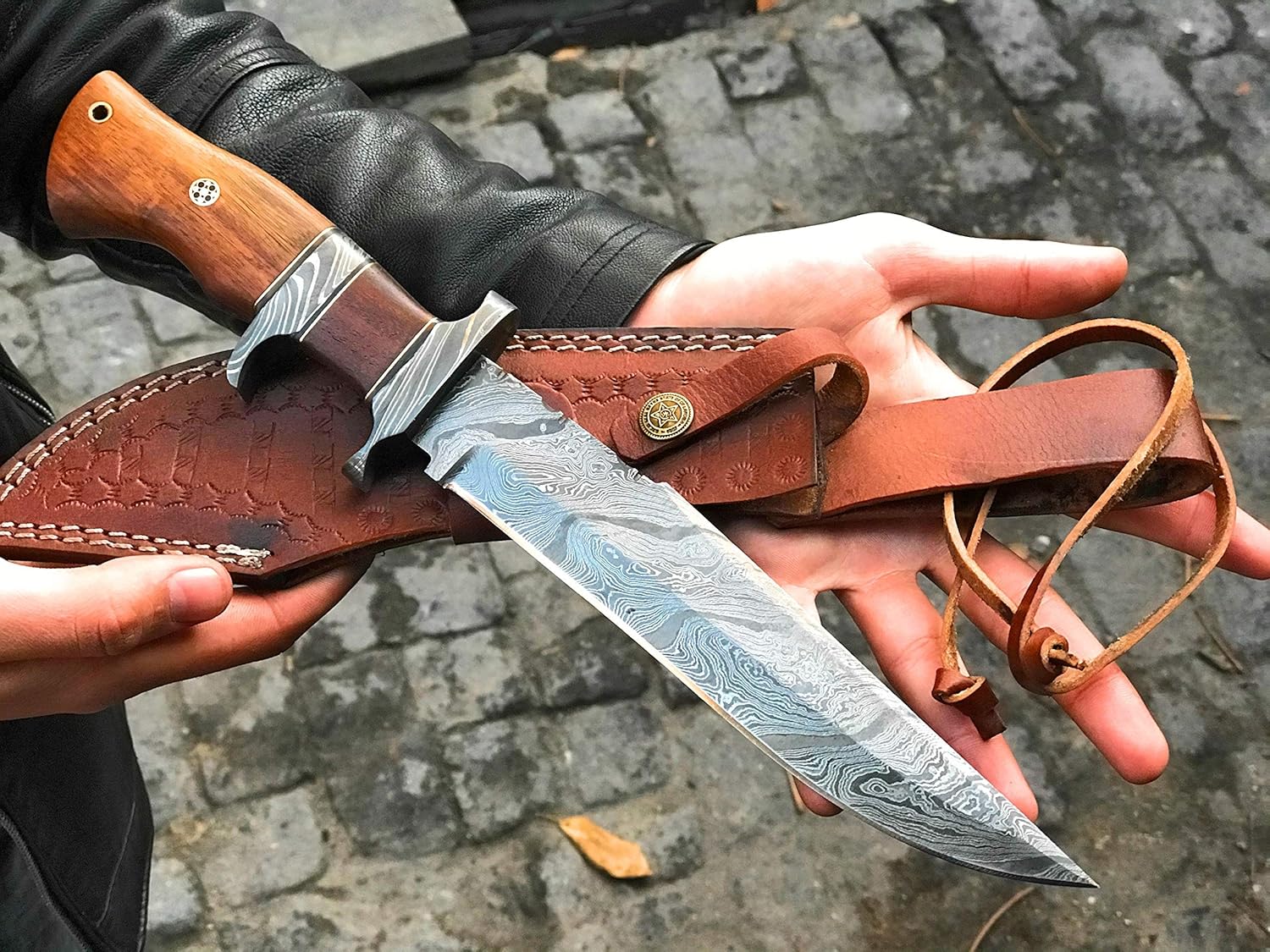 Damascus Steel Bowie Knife with Camel Bone Handle L9492