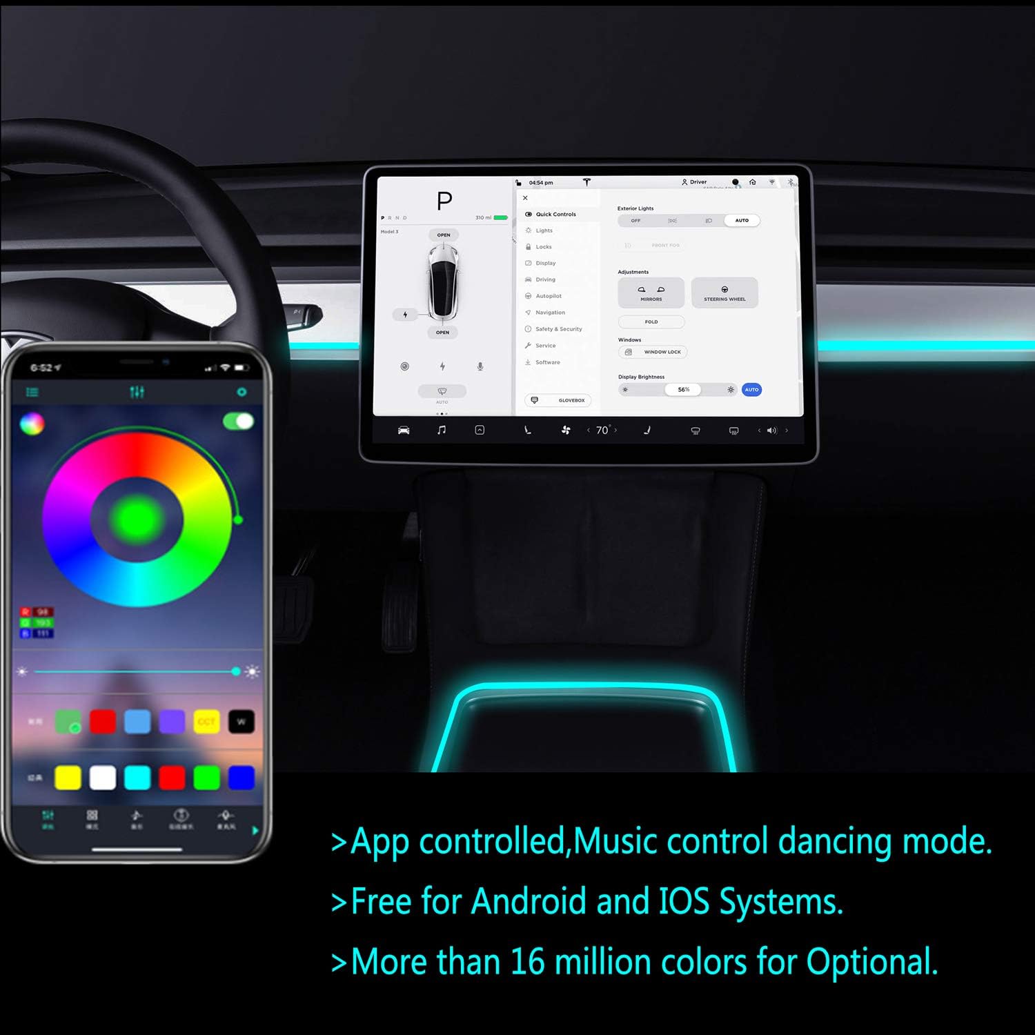 RGB Interior LED Strip Lights for Tesla Model 3/Y Center Console, Pack of 2 G713