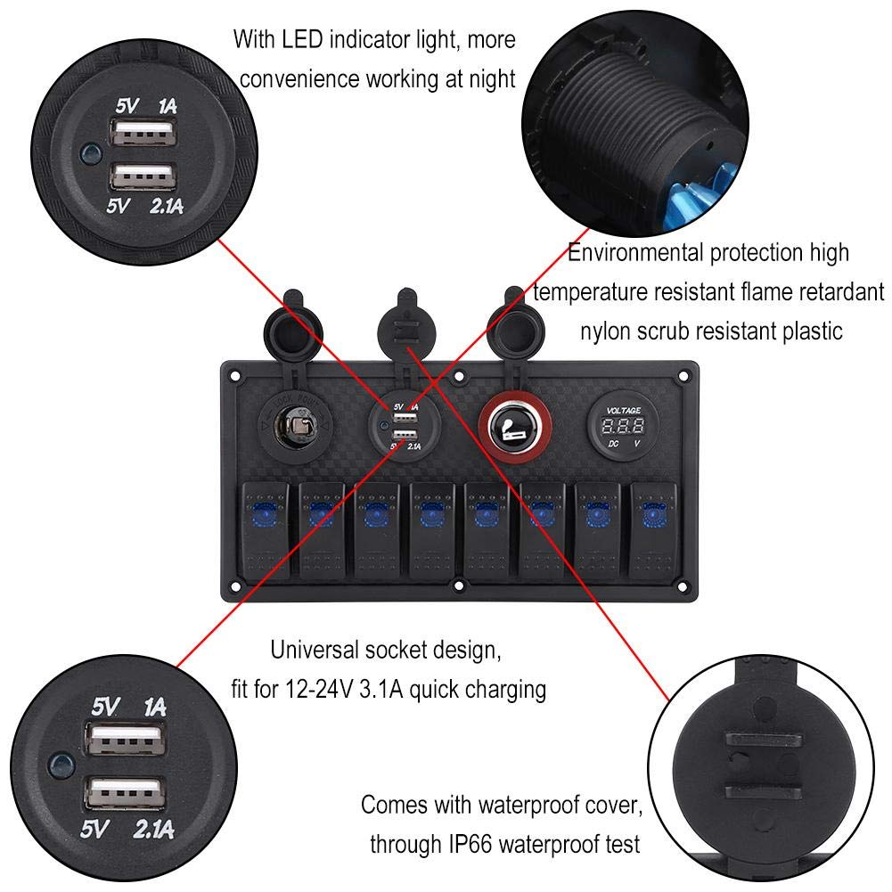 8 Gang Dual USB Voltmeter Cigarette Lighter Rocker Switch Control Panel E11593