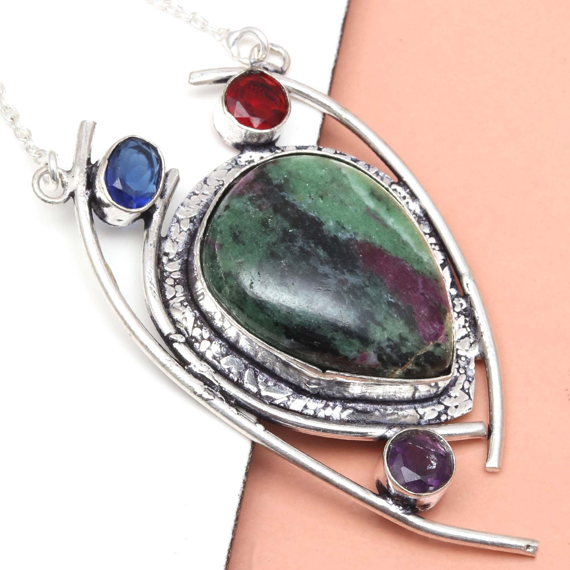 Ruby Zoisite 925 Silver Necklace 20 in F312
