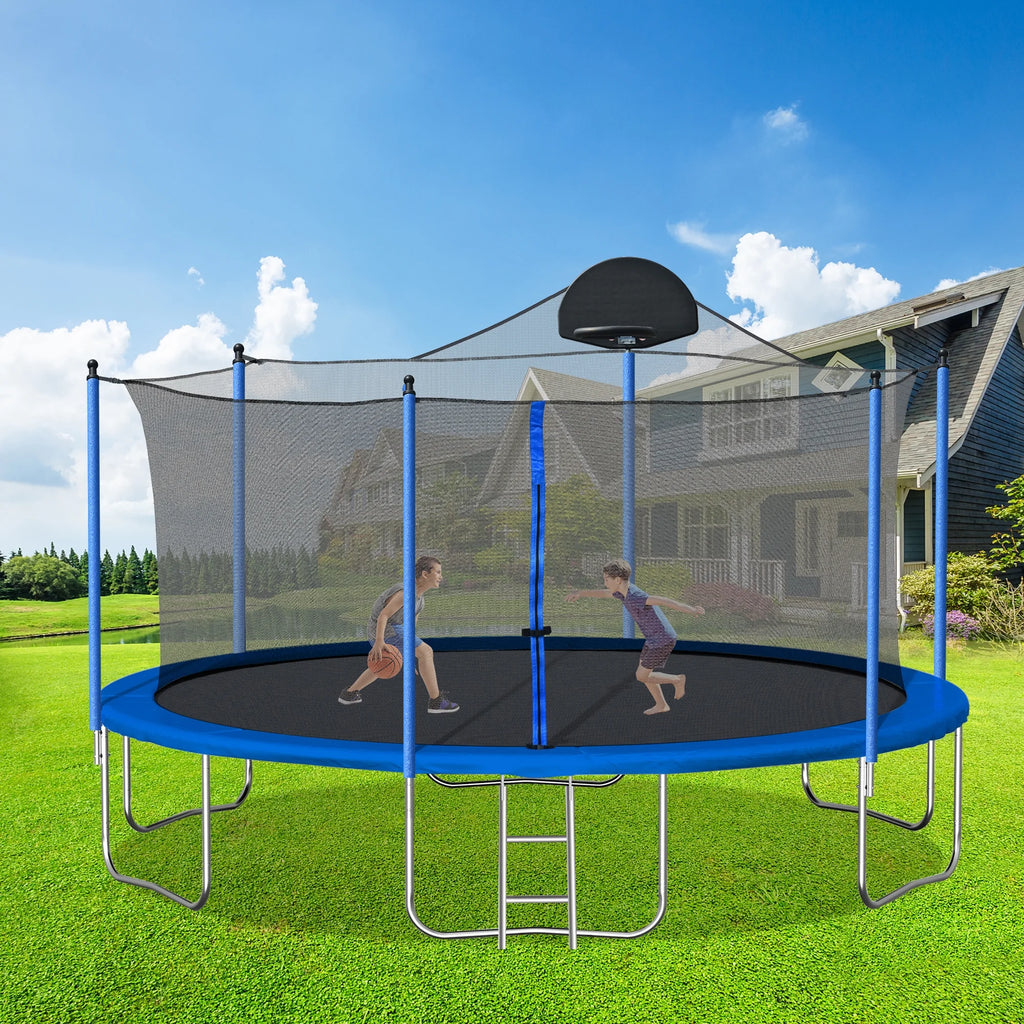 14FT Trampoline with Basketball Hoop, Safety Enclosure Net & Ladder, Blue P372189